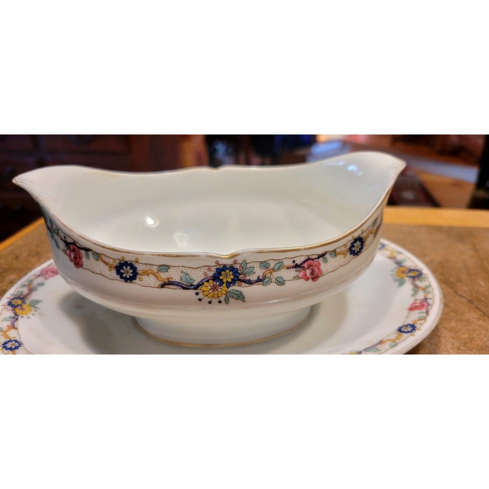 Vintage‎ Ehrenfeldt Limoges Gravy Boat with Saucer Floral Gilt Trim France